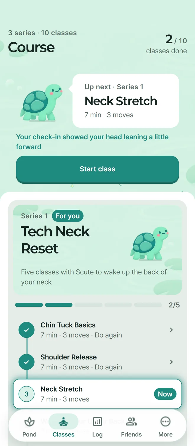 Shellog course screen. The five classes of the Tech Neck Reset series and your progress.